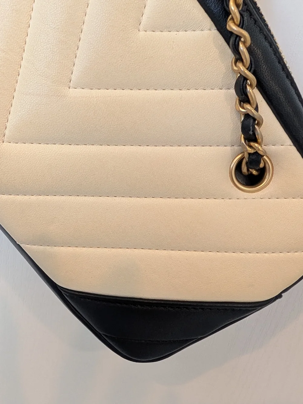 Chanel Lambskin Chevron Quilted Camera Bag In Beige And Black